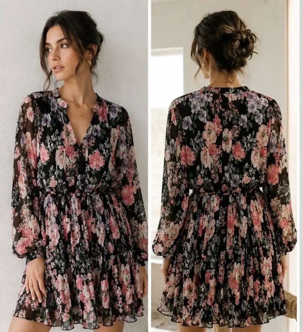Massimo Dutti Floral Pleated Mini Dress Sheer Black Pink NWT US 10 EU 42